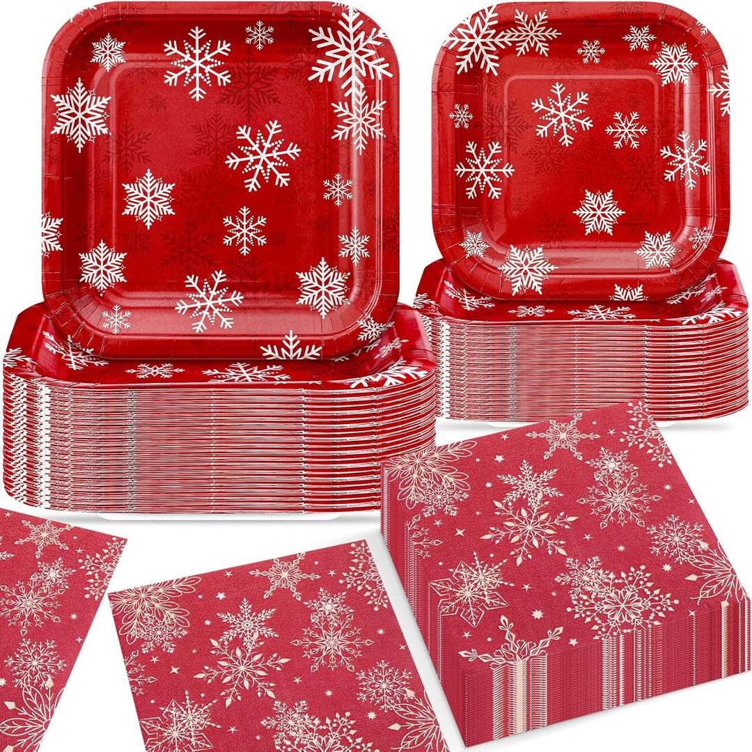 150 Pcs Red White Christmas Snowflake Paper Plates and Napkins Set Snowflake Party Supplies 7 & 9 Inch Winter Wonderland Plates and Napkins Tableware Set for Xmas Holiday Party Decorations