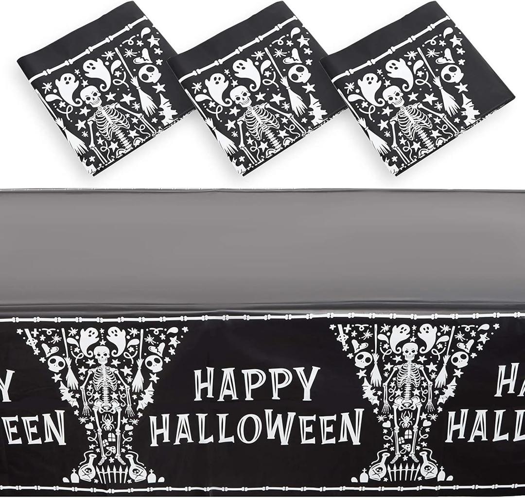 Skeleton Coffin Happy Halloween Tablecloth, Black Table Cover (54 x 108 in, 3 Pack) - Table Cloth - Tablecloths