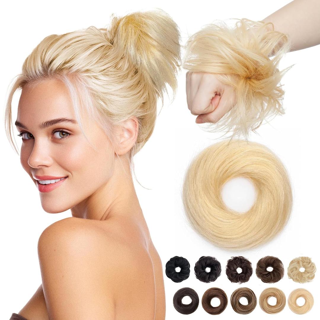 MY-LADY Messy Bun Hair Pieces Human Hair for Women Real Hairpiece Straight Scrunchies Tousled Updo Donut Chignon Ponytail Extension Platinum Blonde