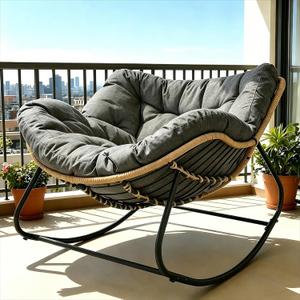 Oversized Papasan Rocking Chair, Rattan Egg Recliner Chair with Thick Cushion & Sturdy Metal Frame, Comfy Wicker Lounge Reading Chair for Indoor Living Room, Outdoor Patio Porch Garden, 45 x 37 x 30.7 inches