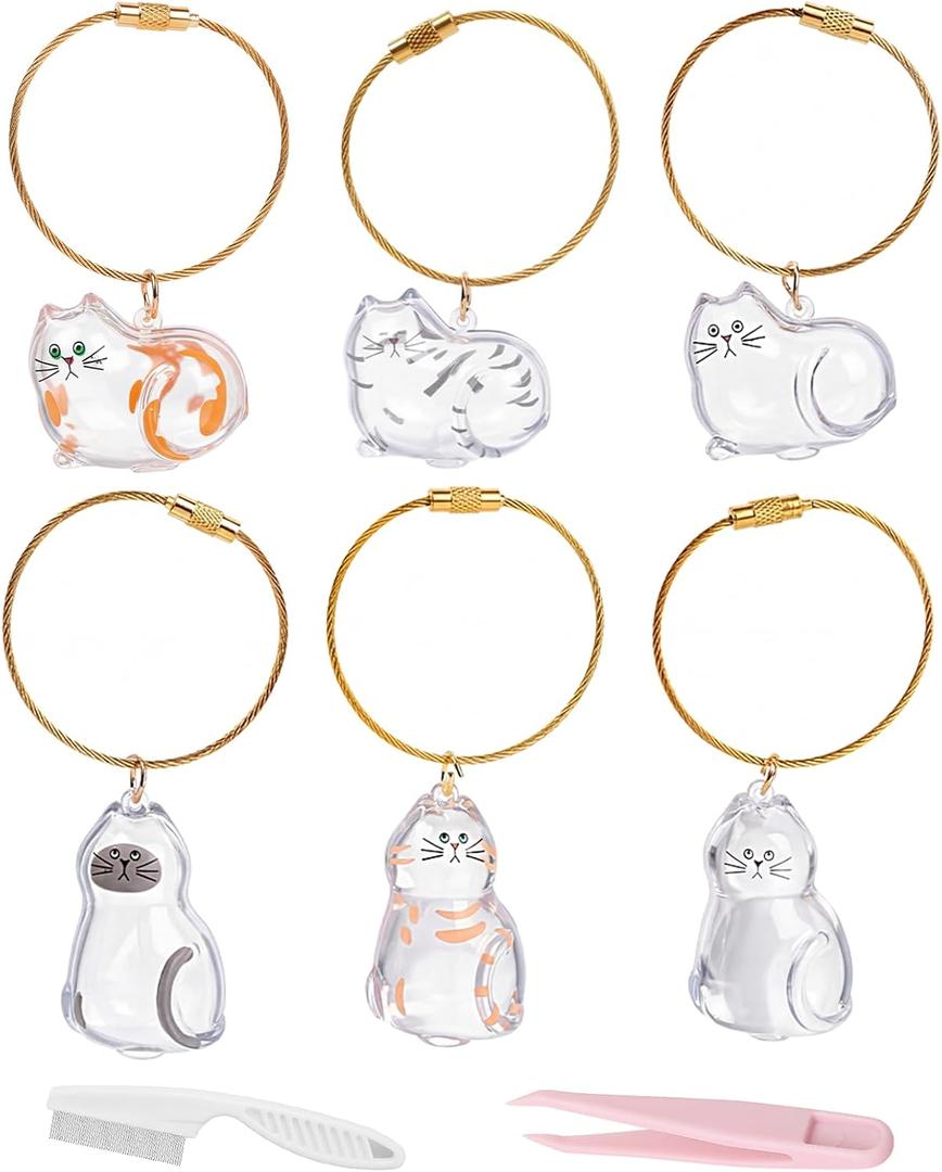 6 PCS Cat Hair Keepsake Keychain, Cat Fur Collector Pendant Necklace with Tweezers & Combs
