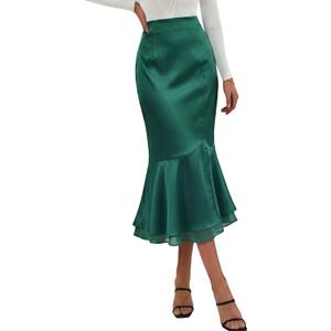 DERAX Womens Satin Midi Mermaid Skirt Silk Bodycon High Waisted Flowy Ruffled Tiered Spring Summer Elegant Fishtail Skirts (L)