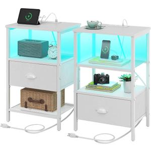 Sthmec Nightstands Set of 2, LED Bedside Tables with Charging Station and Fabric Drawer, Night Stand with Storage, 3 Tier Side Table with Open Shelf, LED Nightstand with Charging Station, White