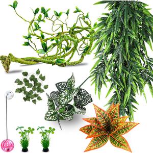 Repitle Plants for Bearded Dragon Tank Accessories, Terrarium Hanging Plants Artificial Leaves Reptile Decor Flexible Jungle Vine Tank Accessories for Gecko Ball Python Lizard Snake Chameleon (Style-bn)