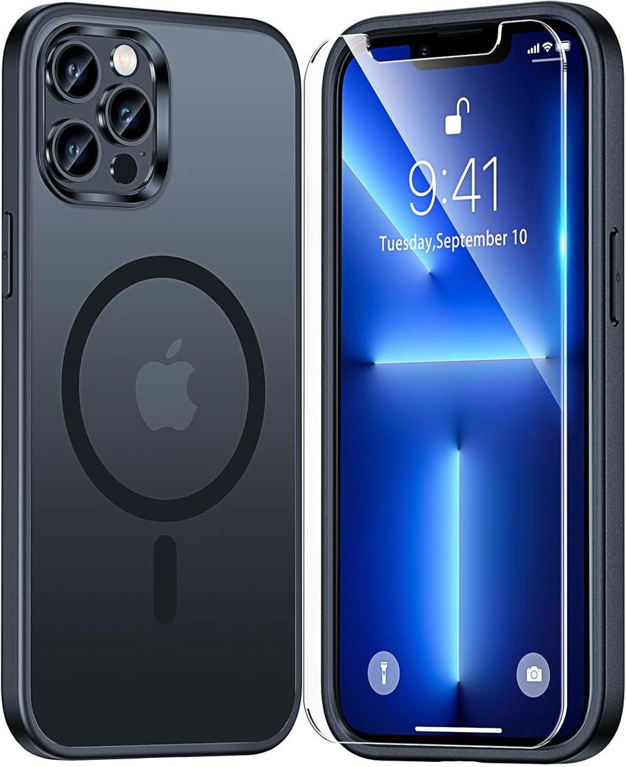 TAURI 3 in 1 Magnetic for iPhone 13 Pro Case Matte Black, with 2X HD Screen Protector, 12 FT Drop Protection, Compatible with Magsafe Case for iPhone 13 Pro Phone Case 6.1 inch