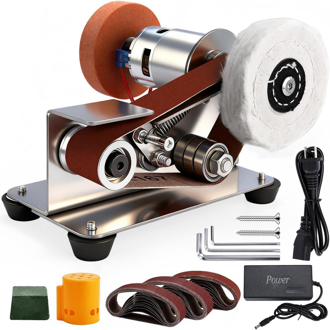 3-in-1 Mini Belt Sander with 20 Sanding Belts, 15 Angle Knife Sharpener and Variable Speed Grinder for Woodworking, Metal Polishing, DIY and Jewelry Making
