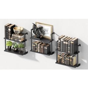 Wall Mounted Bookshelves Set of 3, Floating Shelves for Wall, 6-Tier Wooden Hanging Bookshelf, Easy Installation Book Organizer for Home Office, Living Room, and Bedroom