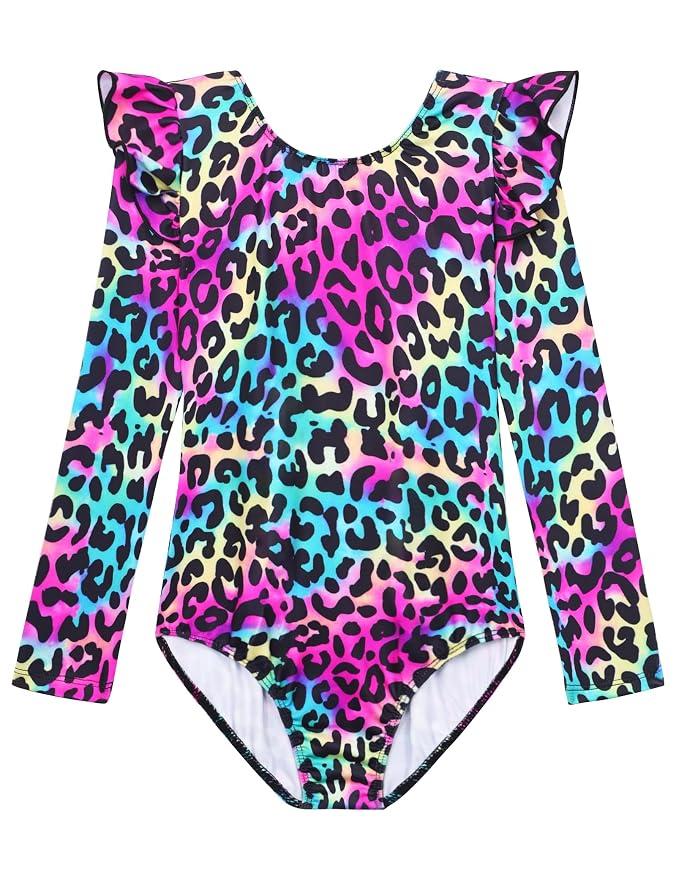 Girls Gymnastics Leotards Long Sleeve Ruffle Tumbling Bodysuits Dance Outfits for Kids Training Class, 140