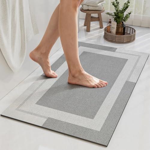 YDKGL Non Slip Bath Mat, Rubber Backing Ultra Thin Bathroom Rugs Fit Under Door Quick Dry Super Absorbent Washable Bath Rug Shower Mat for Bathroom Floor Bathtub Shower Sink, Easy Care Gray 16"x 24"