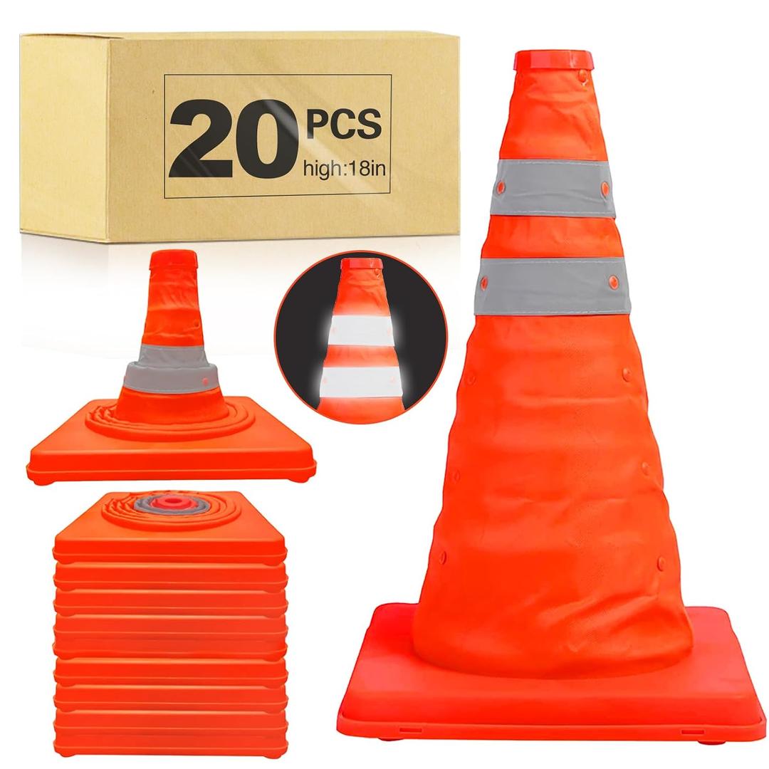 TENKAIWICK 18 Inch 20 Pack Traffic Cones, Collapsible Safety Cones, Multi Purpose Pop-up Cones with Reflective Collar, Orange Cones for Parking lot, Driveway, Driving Training etc