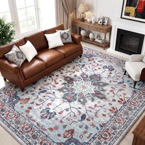 9x12 Area Rugs for Living Room, Machine Washable Boho Vintage Rug, Waterproof Surface & Non-Slip Backing, Foldable Soft Low Pile Floral Medallion Carpet for Bedroom Dining Room