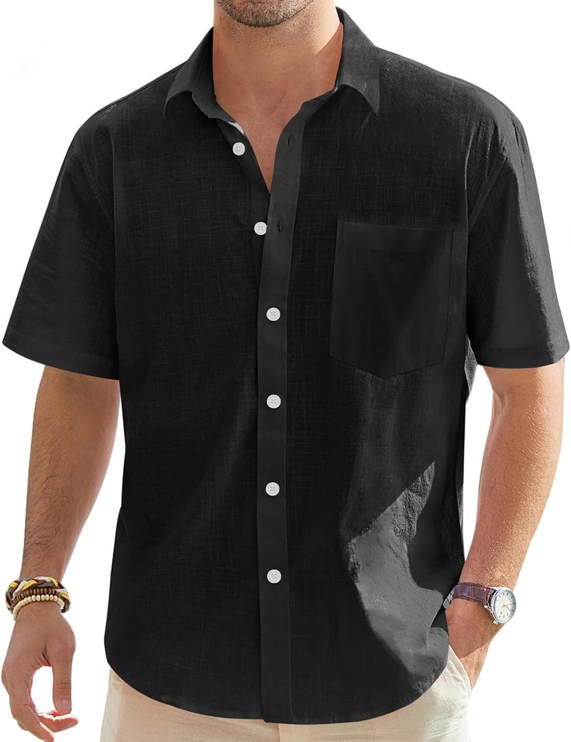 J.VER Men's Linen Short Sleeve Shirts Cotton Casual Lightweight Button Down Shirt Beach Vacation Summer Tops with Pocket (Black, XL)