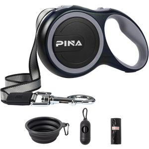PINA Retractable Dog Leash, 26ft Dog Leash for Small Medium Large Dogs Up to 110lbs, 360 Tangle-Free Strong Reflective Nylon Tape, with Anti-Slip Handle, One-Handed Brake, Lock - Black Gray