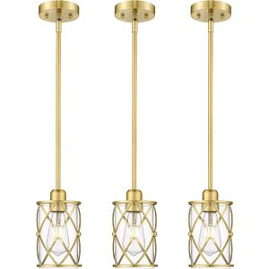 Brushed Gold Pendant Lights Kitchen Island 3 Pack, Glass Kitchen Pendant Lighting Over Island with Rod, Modern Mini Hanging Light for Kitchen Sink Dining Room, CH9176BG-3PK