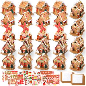 Libima 24 Set Gingerbread House Kit Bulk Christmas Crafts Gift for Kids DIY Make Your Own Gingerbread Cardboard House Craft with Candy Stickers for Xmas Holiday Hanukkah Classroom Party Supplies