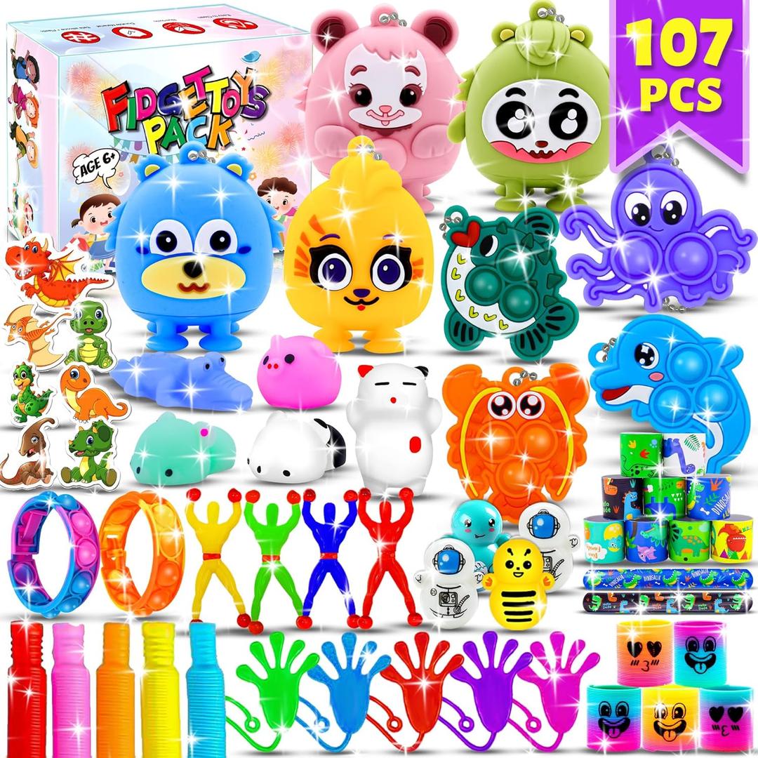 107Pcs Party Favors for Kids, Bulk Fidget Toy Pack, Prizes Box Toys for Kids Classroom, Treasure Box Toys Goodie Bag Pinata Stuffers for Kid 4-8, Birthday Gift, Classroom Prizes, Treasure Chest