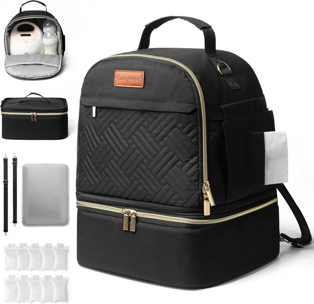 Large Breast Pump Bag for Spectra S1 S2, Double Layer Removable Breast Milk Cooler Bag with 10 Gel Ice Packs & Waterproof Mat, Wearable Pumping Bags for Work Travel & Family, Black