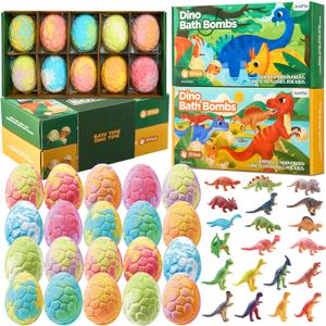 Dinosaur Bath Bombs for Kids with Surprise Inside, 20 Pack Natural Dino Egg Bath Bombs with Exclusive Carnivorous & Herbivorous Dinosaur Toys, Easter Basket Stuffers Easter Gifts for Boys, Girls