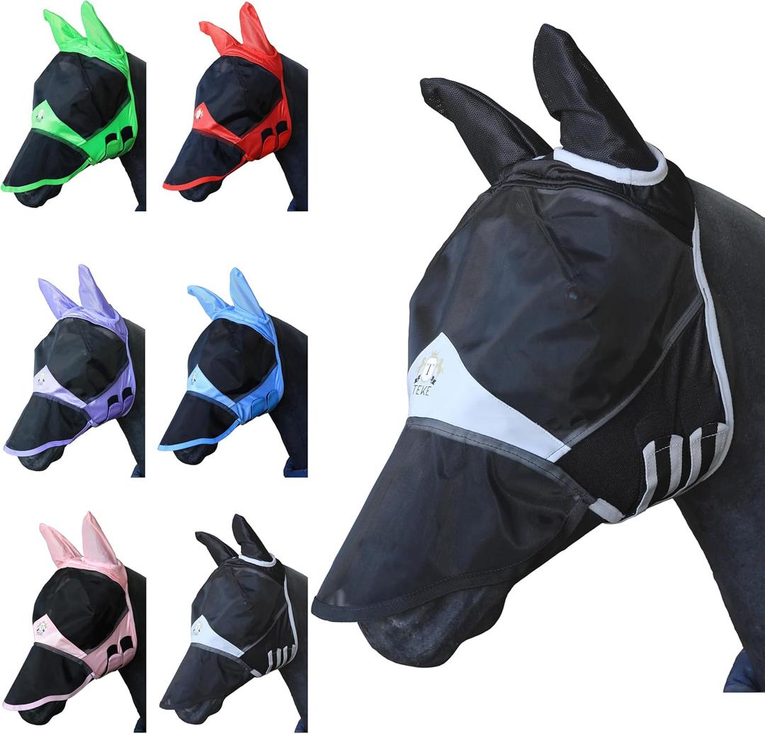 T TEKE Fine Mesh Horse Fly Mask w/Ears & Nose, UV blocking 3D Eye Visor with extra fleece cushioned forehead, Protection from Insect Pests (Pony, Black)