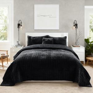 Quilt Set Oversized King Size 120x128 Luxurious Velvet Bedding Sets with 2 Pillow Shams 20x36 3 Pieces Ultra Soft Quilted Bedspread Coverlet Comforter for All Season,Black