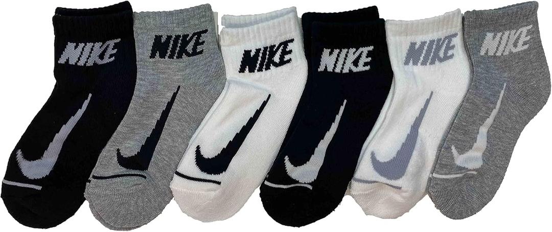 Nike Little Boy Cushioned Quarter Socks 6 Pack (5-7, Black/White/Grey)