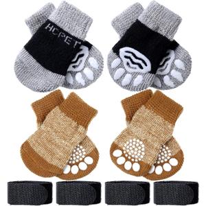 Frienda 8 Pieces Anti-Slip Socks for Cats Small Dog Socks to Prevent Licking Paws, Traction Control Boots Paw Protectors for Hardwood Floors for Puppy Small Dogs and Kittens(S,Black-Grey, Khaki)