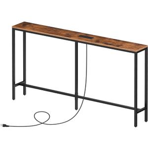 Skinny Console Table with Power Outlets, 55.1" Narrow Sofa Table, Behind Couch Table with Charging Station, Sofa Hallway Table for Plants, Living Room CTHR145E01 (Rustic Brown + Black)