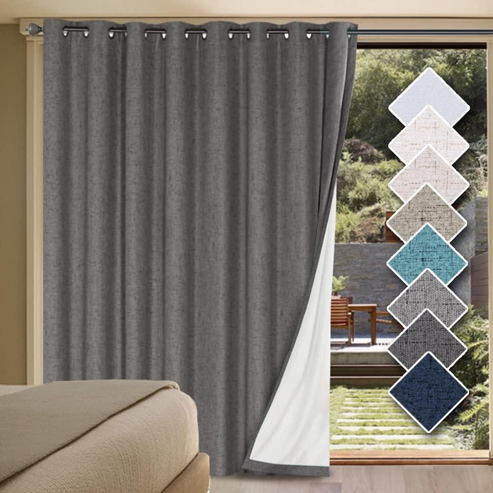 H.VERSAILTEX Linen Blackout Curtains Durable Thick Textured Linen Look 100% Blackout Patio Door Curtain Anti Rust Grommet Extra Wide Sliding Door Curtain Panel, W100 x L108 inch - Grey