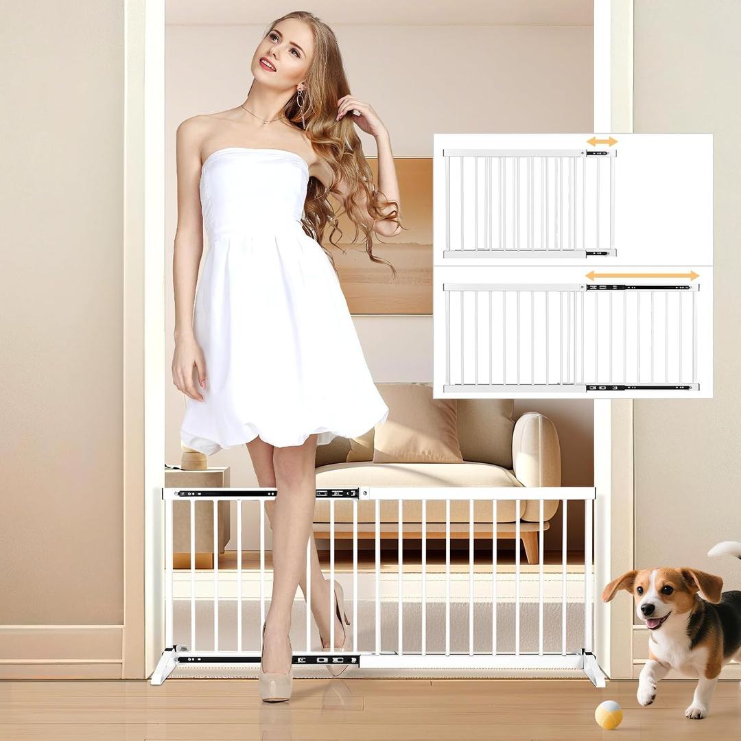 White Metal Dog Gate for Small Dogs - 17.7" Short Freestanding Puppy Gate with Retractable Sliding Rail, No Installation, Indoor/Outdoor Use, Foldable & Portable Pet Barrier