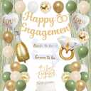 Trgowaul Green Gold Engagement Party Decorations, Happy Engagement Banner Backdrop, Bride&Groom Sash for Bridal Shower, Ring Foil Balloon, Just Engaged Cake Topper Wedding Shower Decor