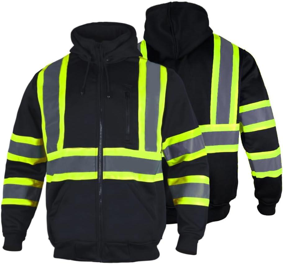 FONIRRA Hi Vis Safety Fleece Zip Hoodie for Men Reflective Sweatshirts ANSI Class 3 Jackets Detachable Hood (Black,L)
