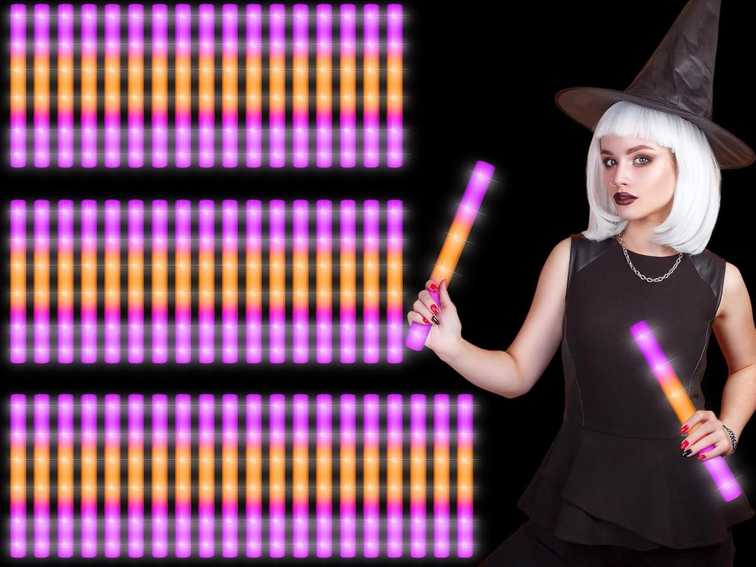 Retisee 54 Pcs 16 Inch Halloween Glow Sticks Bulk LED Foam Sticks Orange and Purple Light up Party Favors Glow in the Dark with 3 Flashing Modes for Birthdays Weddings Raves Concerts