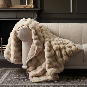 EverGrace Ultra Soft Luxury Fluffy Faux Rabbit Fur Throw Blanket, Thick Warm Bubble Throw for Bed, Cozy Plush Reversible Blankets for Couch, Chair, Sofa, Cream, 80x90 Inches