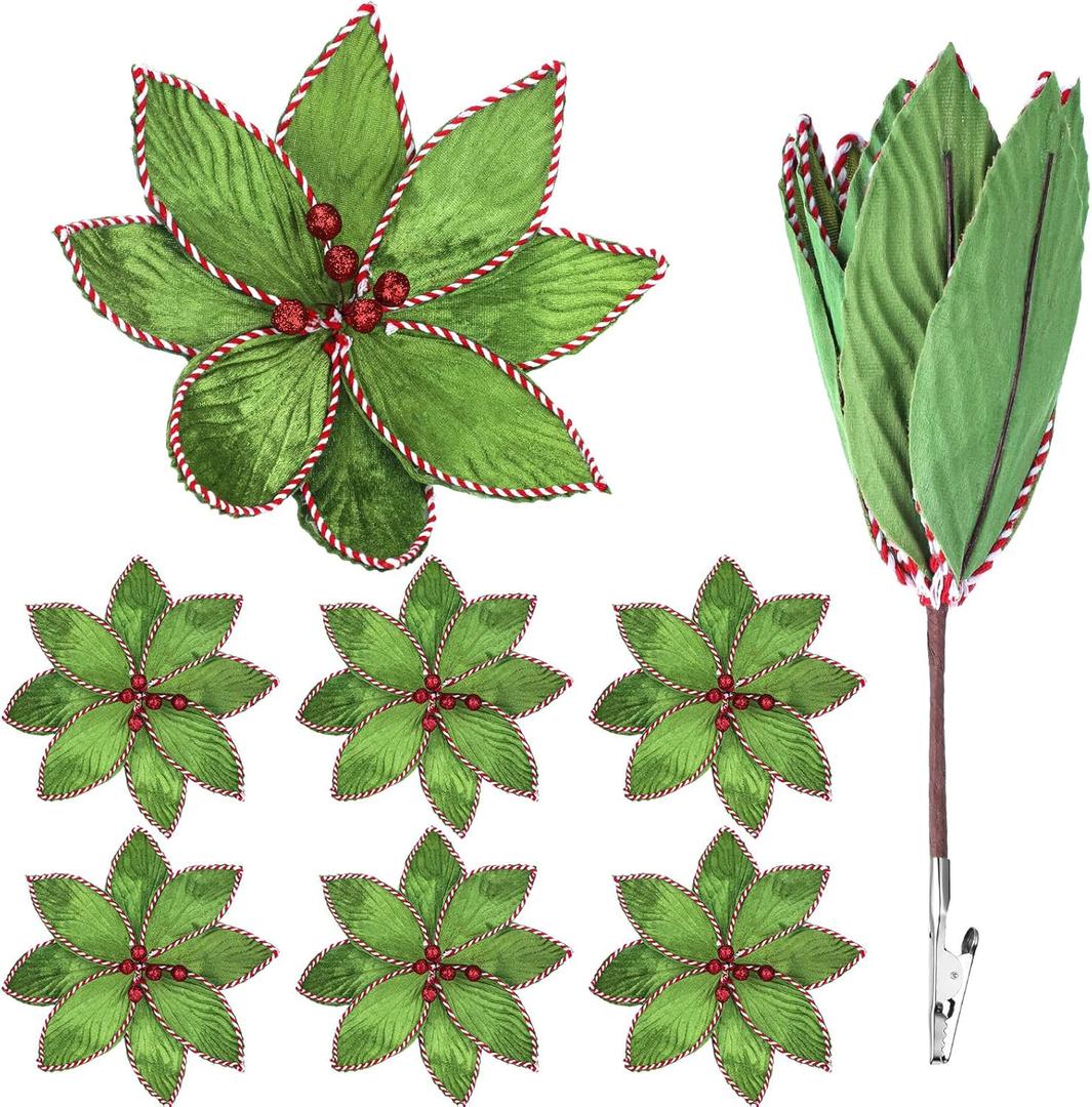 6 Pcs Green Peppermint Edge Christmas Poinsettia Stem 10.24 x 3.94 Inch Silk Velvet Artificial Fake Poinsettia Flowers Blooms for Christmas Trees and Holiday Decorations