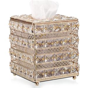 Sumnacon Crystal Square Tissue Box Cover - Sparkling Cube Glass Tissue Box Holder, Decorative Facial Tissue Holder for Bedroom Bathroom Dresser Night Stand Table Office Home Decor, Gold