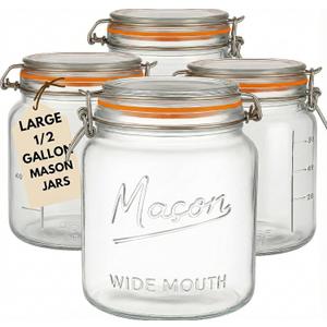 kitchentoolz Large Glass Mason Jars with Airtight Lids - Half Gallon Food Storage & Canning Jars with Measurement Markings - Kitchen Pantry Containers for Flour, Sugar & Dry Goods - 64 oz (4pk)