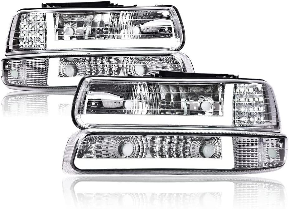 LED Headlights Assembly Compatible with Chevy Silverado 1999-2002/ Suburban Tahoe 2000-2006, Clear Lens Chrome Housing Clear Reflector, Left+Right