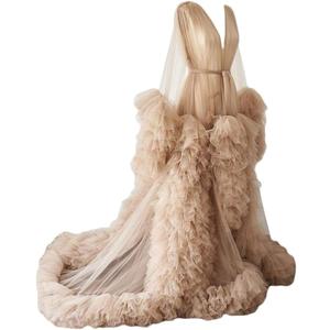Kelaixiang Tulle Robe Long Lingerie Bridal Dressing Gown Puffy Nightgown Photoshoot Beige M
