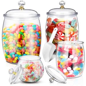 Nuogo 4 Pcs Plastic Candy and Cookie Jars with Lids Clear Cookie Container Candy Jars Large Airtight Apothecary Storage Organization for Wedding Home Kitchen Bar (30/42/64/128 oz)
