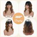 Brown Bob Wig with Bangs Short Hair Wigs for Women Ombre Wig Wavy 14 Inches Synthetic Wig Cosplay Black to Brown Shoulder Length Wigs Natural Hair Replacement Wigs for Girls Holiday Daily Party Use