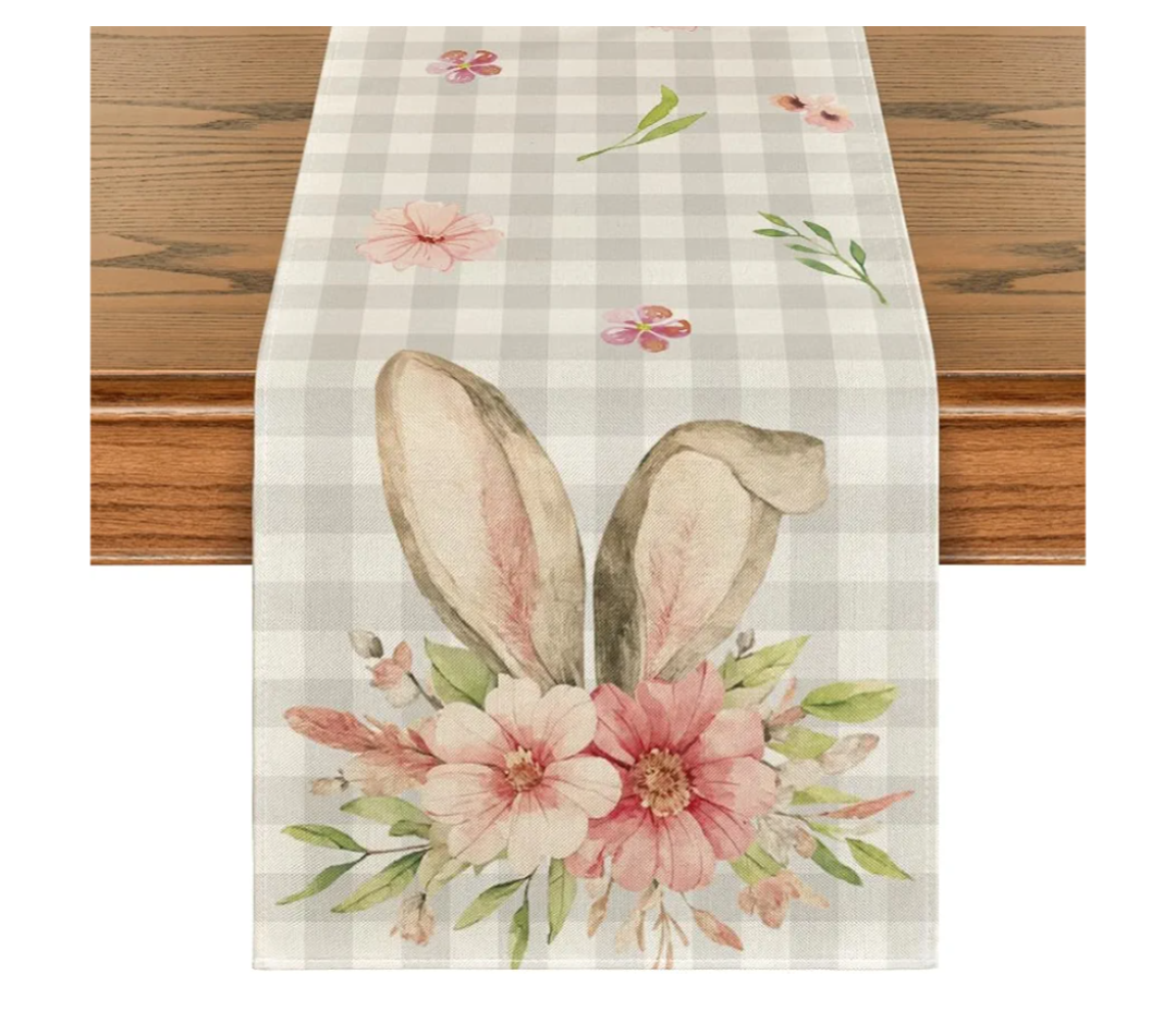 Artoid Mode Buffalo Plaid Bunny Rabbit Ears Flower Easter Table Runner, Spring Summer Seasonal Holiday Kitchen Dining Table Decoration for Indoor Outdoor Home Party Decor 13 x 72 Inch