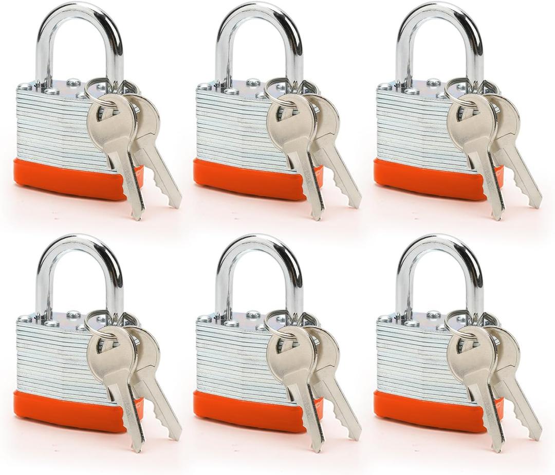 Lock Outdoor Padlocks, Laminated Orange keyed Padlock, 1-9/16 in Wide Body, Padlock Set with Keys (6Pack)