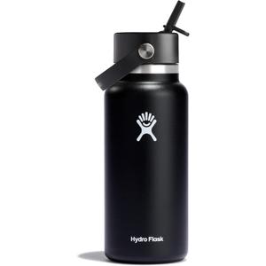 Hydro Flask Water Bottle - Insulated Stainless Steel - Wide Straw Lid, Non Spill, Leakproof in 32 Oz Black