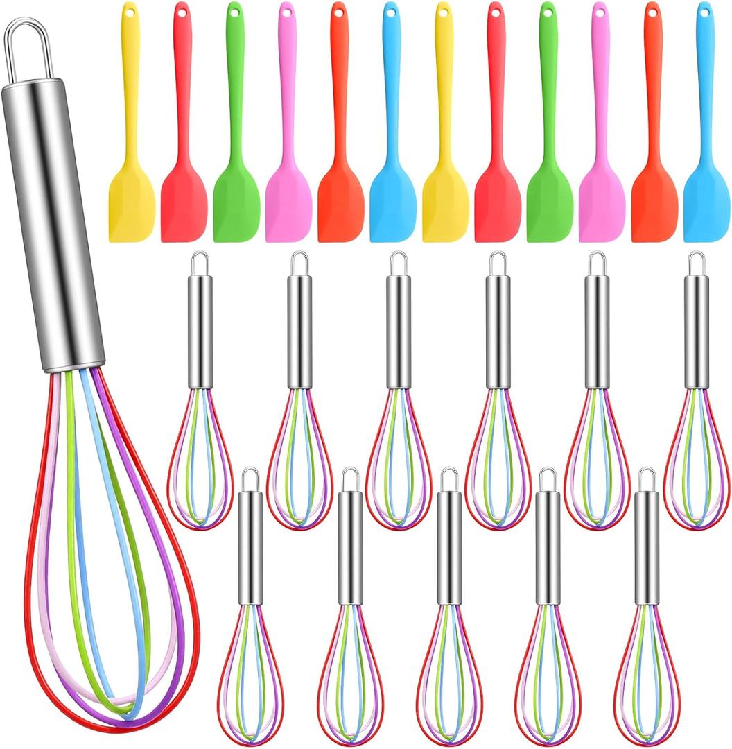 24-Piece Silicone Spatula and Whisks Set: 12 Spatulas (6 Colors) & 12 Colorful 8-Inch Whisks for Baking, Mixing, Cooking - Flexible, Non-Stick, Dishwasher Safe Kitchen Tools