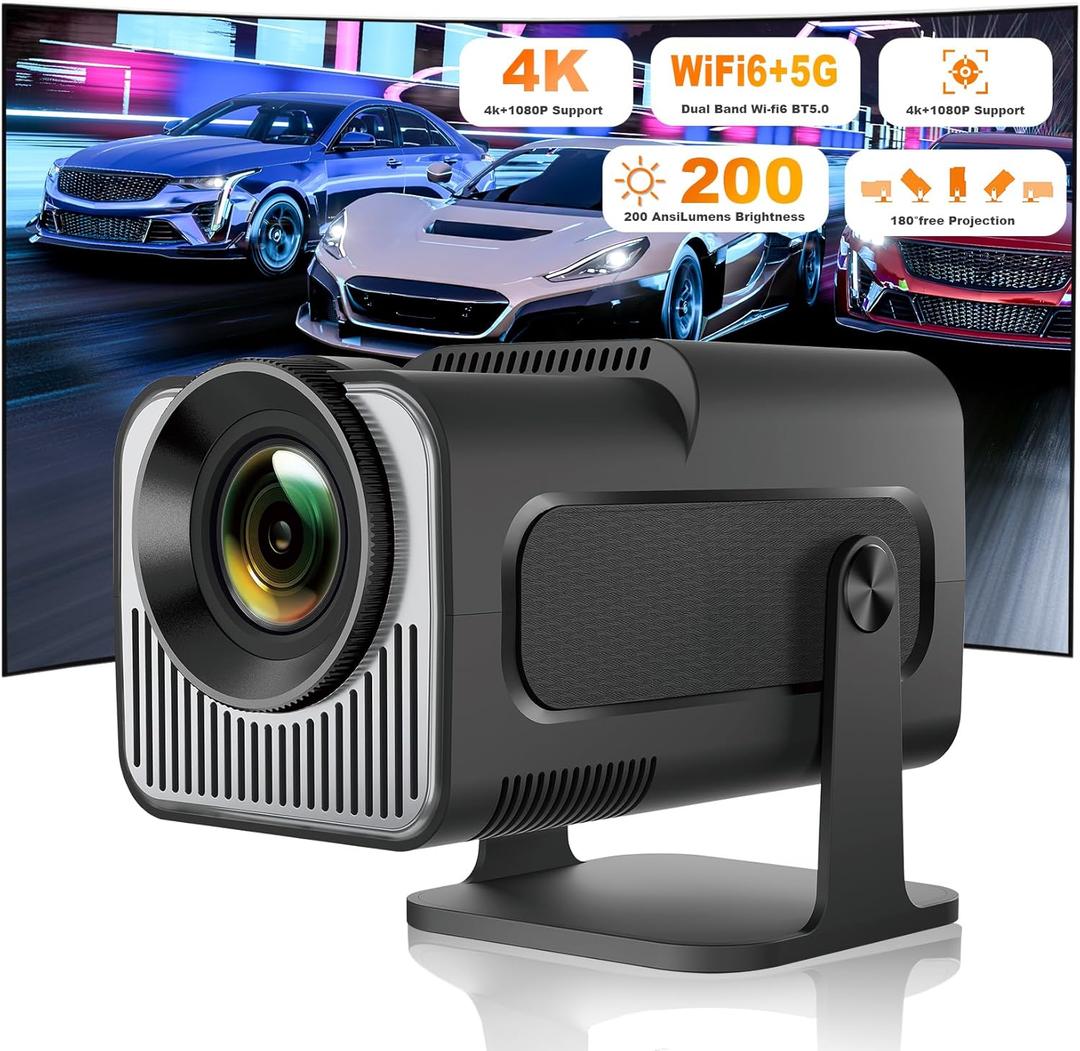 Mini Projector, HY320 Portable Projector, Support 4K 1080P with Dual-Band WIFI6 5G Wireless 5.0 Bluetooth Android 11, 180 Rotatable, Auto Keystone Correction, 40"-130" Screen Video Projector