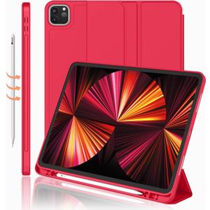 New iPad Pro 11 Inch Case 2022(4th Gen)/ 2021(3rd Gen) with Pencil Holder [Support iPad 2nd Pencil Charging/Pair], Trifold Stand Smart Case with Soft TPU Back, Auto Wake/Sleep(Red)
