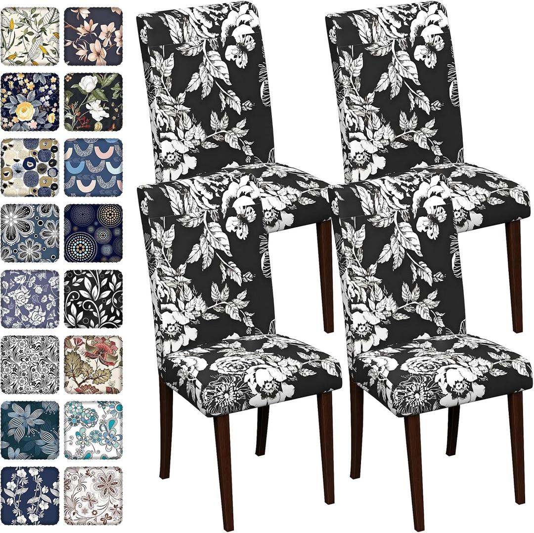 Chair Covers Dining Room Set of 4,Printed Patterned Stretch Non Slip | Chair Slipcover Removable Washable Kitchen Chair Protector Cover for Home Hotel Banquet Wedding Party Navy White Floral Leaf