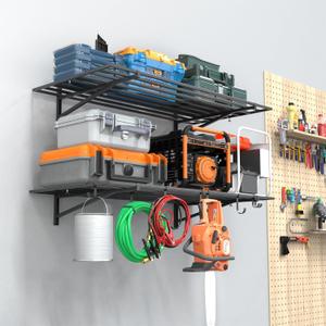 2-Pack Garage Wall Shelving, Heavy Duty Wall-Mounted Storage Shelves With Hooks For Garage, Shop, Or Utility Use (2x4ft)