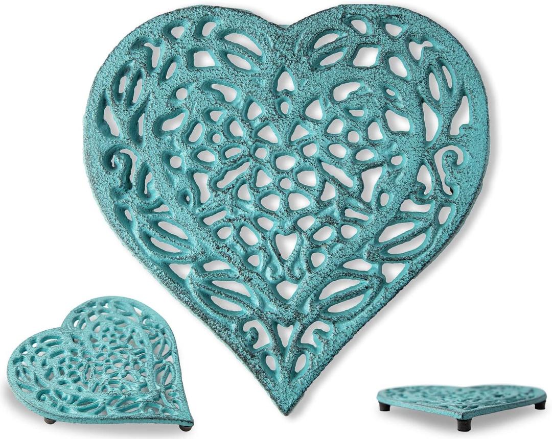 Cast Iron Heart Trivet | Decorative Cast Iron Trivet for Kitchen Countertop Or Dining Table | Vintage Design | 6.75X6.5 | with Rubber Pegs/Feet - Recycled Metal | Blue Color