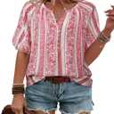 ForHailey Women's Plus Size Short Sleeve Summer Tops Casual Button Down V Neck Blouses Floral Clothing Trendy (Pink)
